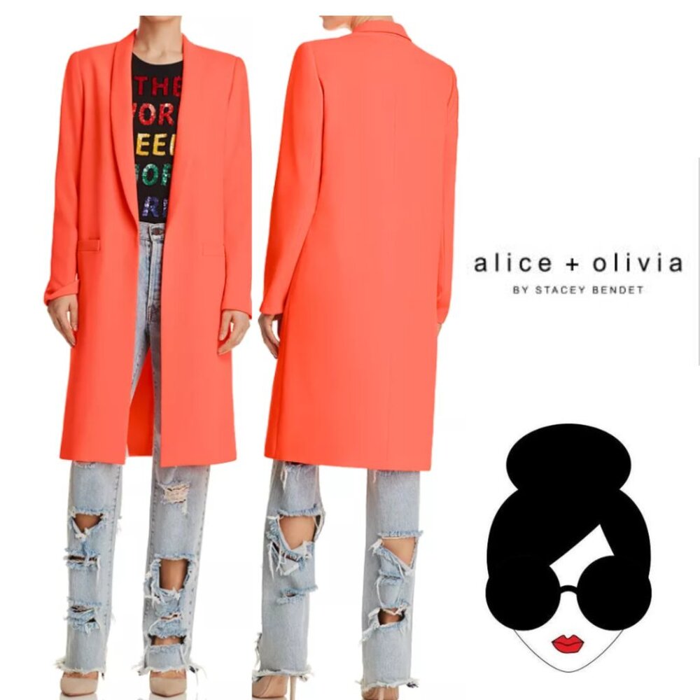 Alice + Olivia Kylie  Shawl Collar Long Jacket open front Blazer Neon Coral